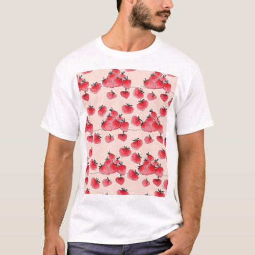 Vintage Freehand Strawberry Watercolor Pattern T_Shirt