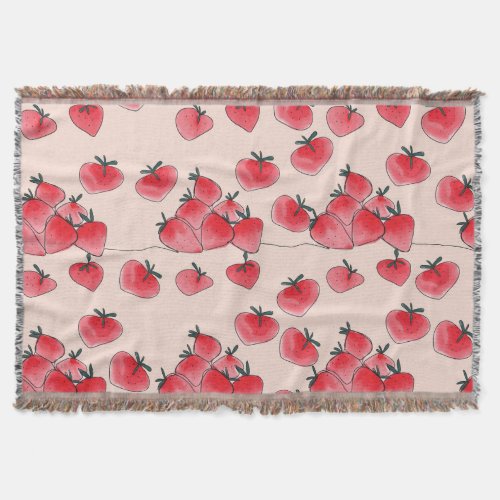 Vintage Freehand Strawberry Watercolor Pattern Throw Blanket