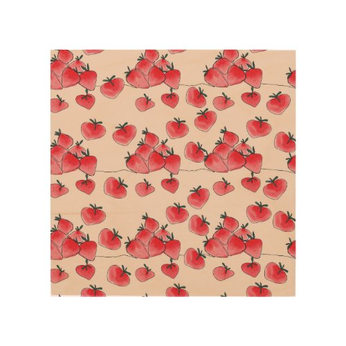 Vintage Freehand Strawberry Watercolor Pattern Wood Wall Art