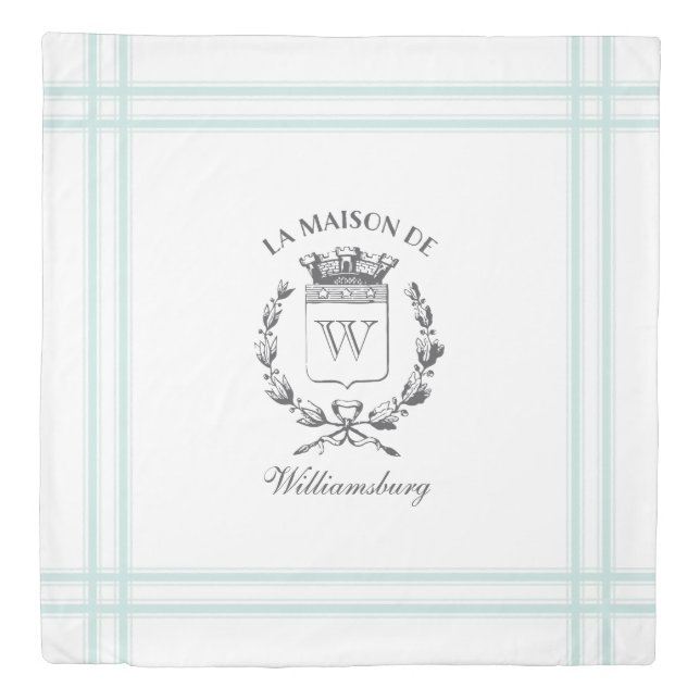 Vintage French Aqua Ticking Family Crest Duvet (Front)