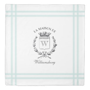 Vintage French Aqua Ticking Family Crest Duvet Cover