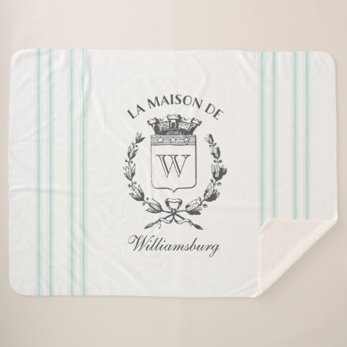 Vintage French Aqua Ticking Family Crest Throw