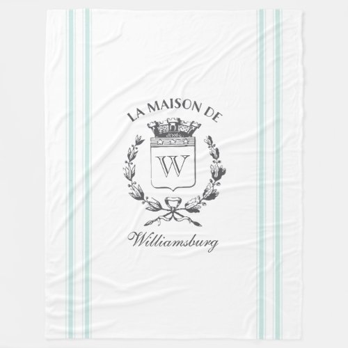 Vintage French Aqua Ticking Family Crest Throw Fleece Blanket