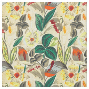Vintage French Art Deco Tropical Flowers Pattern Fabric