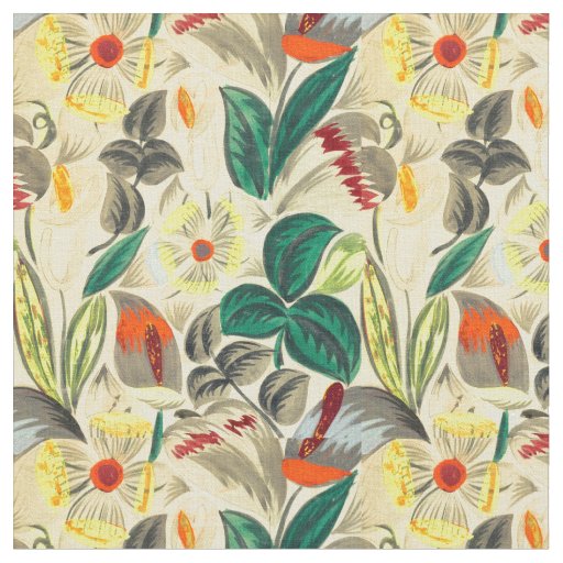 Vintage French Art Deco Tropical Flowers Pattern Fabric