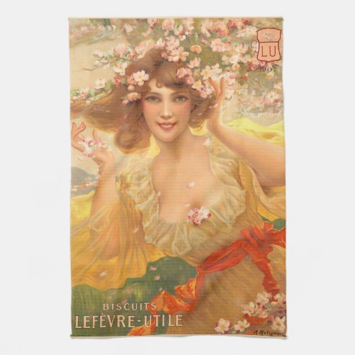 Vintage French Art Nouveau Ad with Woman  Flowers Kitchen Towel