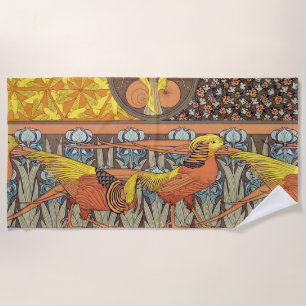 Vintage French Art Nouveau Nature Bird Pattern Beach Towel