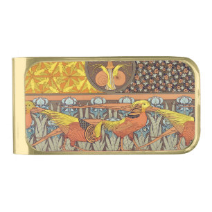 Vintage French Art Nouveau Nature Bird Pattern Gold Finish Money Clip