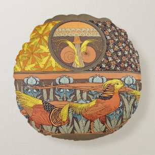 Vintage French Art Nouveau Nature Bird Pattern Round Pillow