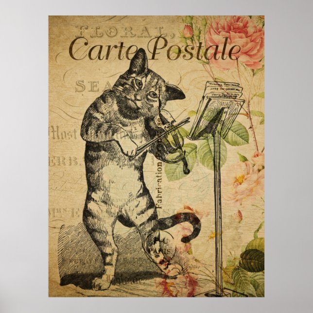 Vintage French Art Print, Cat And A Fiddle Poster (Front)