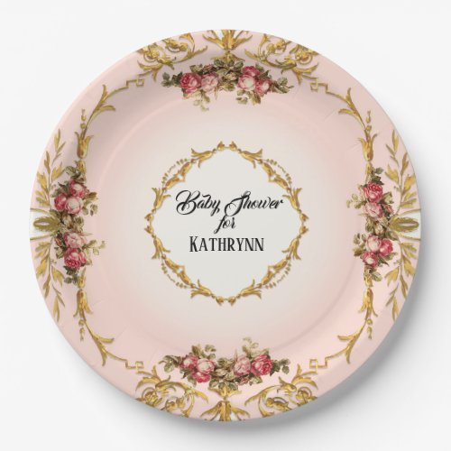 Vintage French Baby Shower Roses n Baroque Scrolls Paper Plates
