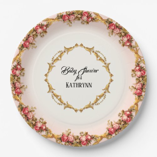 Vintage French Baby Shower Roses n Baroque Scrolls Paper Plates