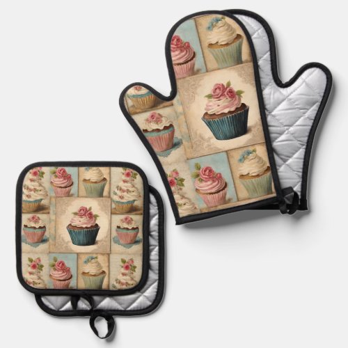 Vintage French Bakery Chef Cupcake Baker  Baking Oven Mitt  Pot Holder Set