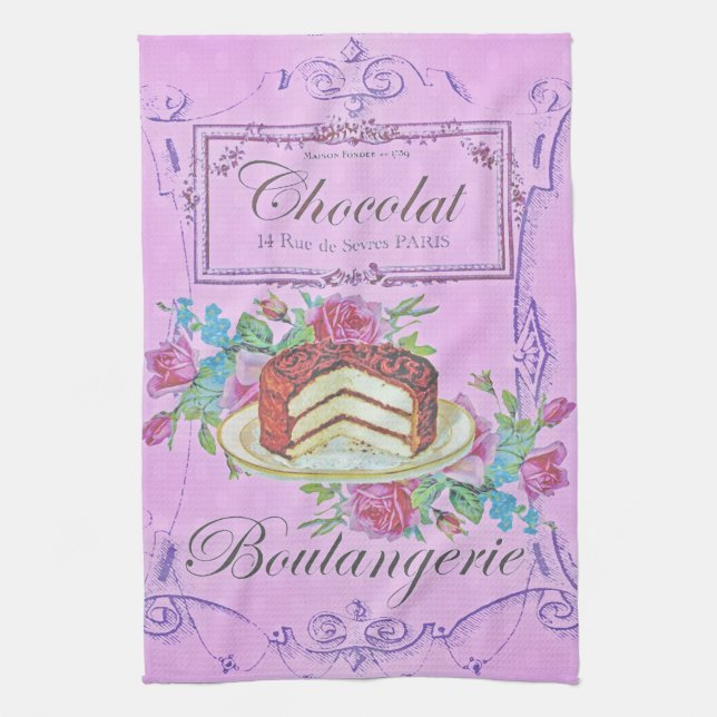 Vintage French Bakery Chocolate Cake Advert Kitchen Towel (Vertical)