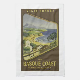 Vintage French Basque Coast train travel poster, Kitchen Towel