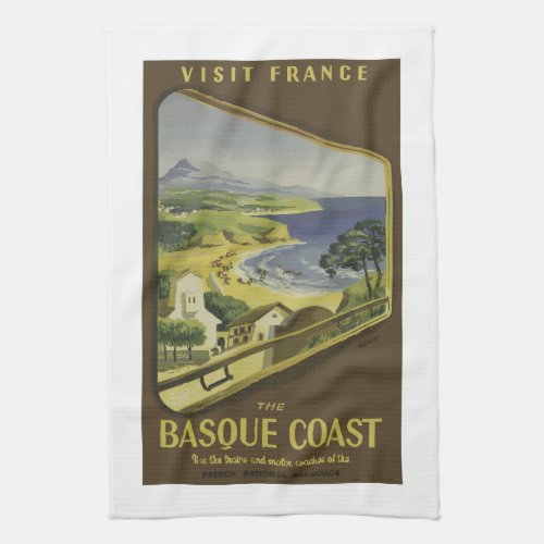 Vintage French Basque Coast train travel poster Kitchen Towel