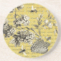 Vintage French Bee and Flowers Scrapbook Postcard Coaster