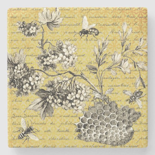 Vintage French Bee and Flowers  Stone Coaster