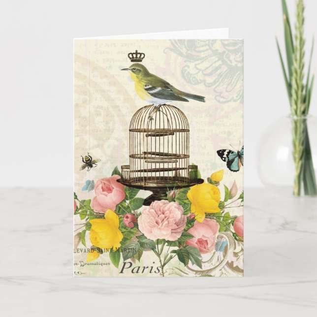 Vintage French bird and birdcage notecard (Front)