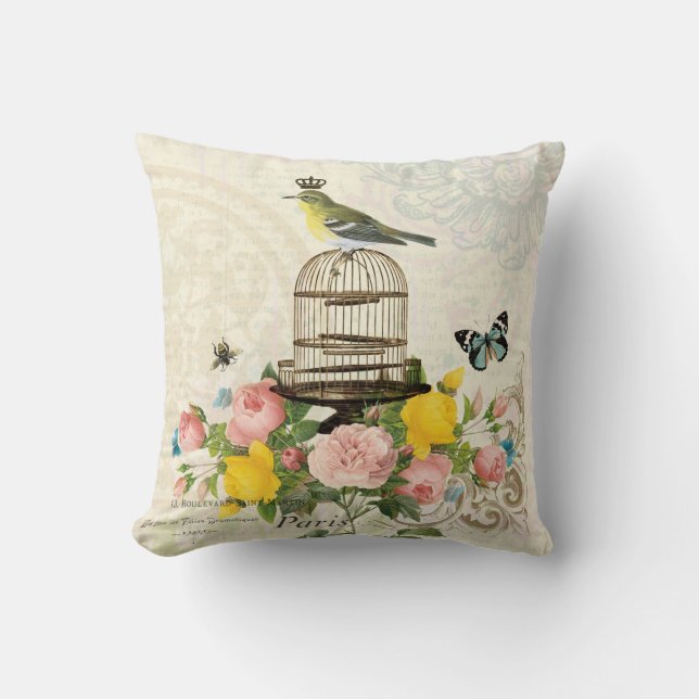 Vintage French bird and birdcage pillow (Front)