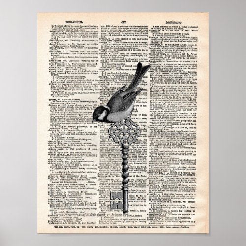 Vintage French bird and key dictionary Poster