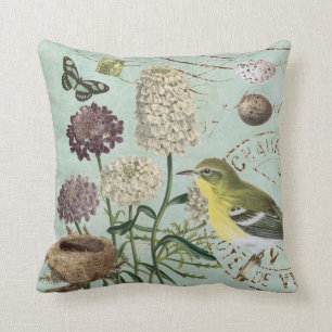 Vintage French bird and nature pillow