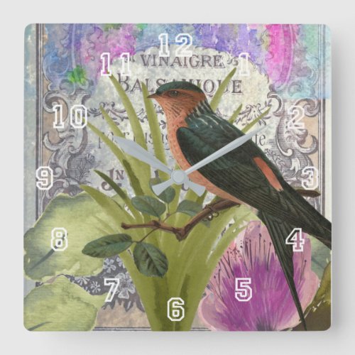 Vintage French Bird Collage Perfume Label Square Wall Clock