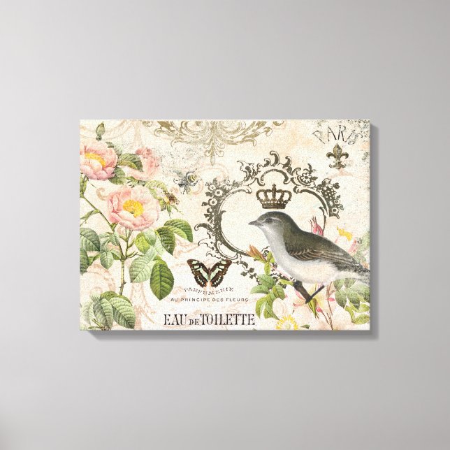 Vintage French bird with crown stretched canvas (Front)