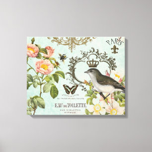 Vintage French Bird with crown stretched canvas