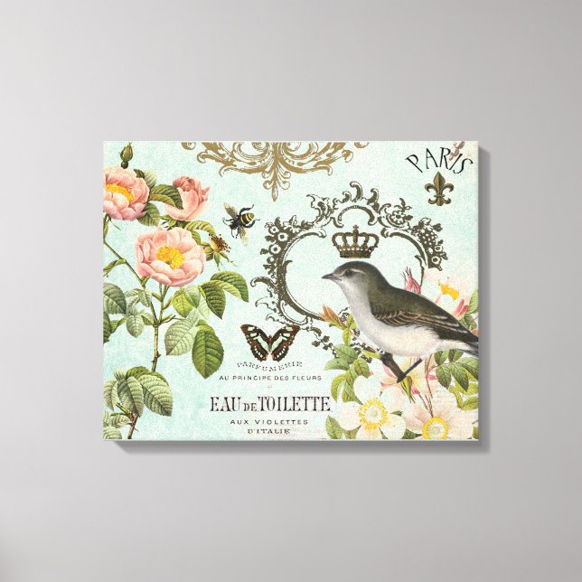 Vintage French Bird with crown stretched canvas Print (Front)
