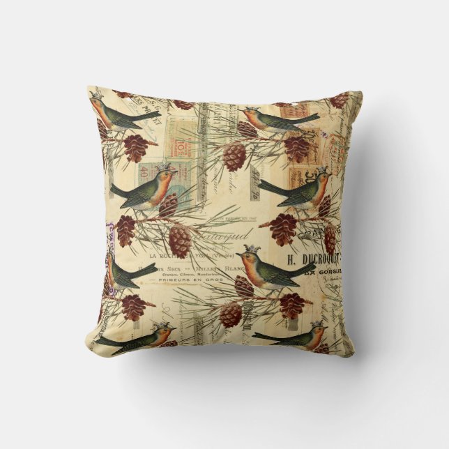 Vintage French Birds Greenery Script Stamps Throw Pillow (Front)