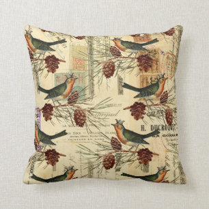 Vintage French Birds Greenery Script Stamps Throw Pillow