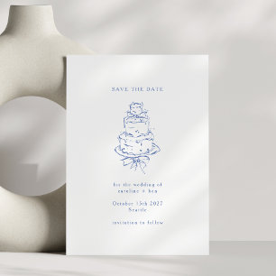 Vintage French Blue Doodle Minimalist Wedding Cake Save The Date