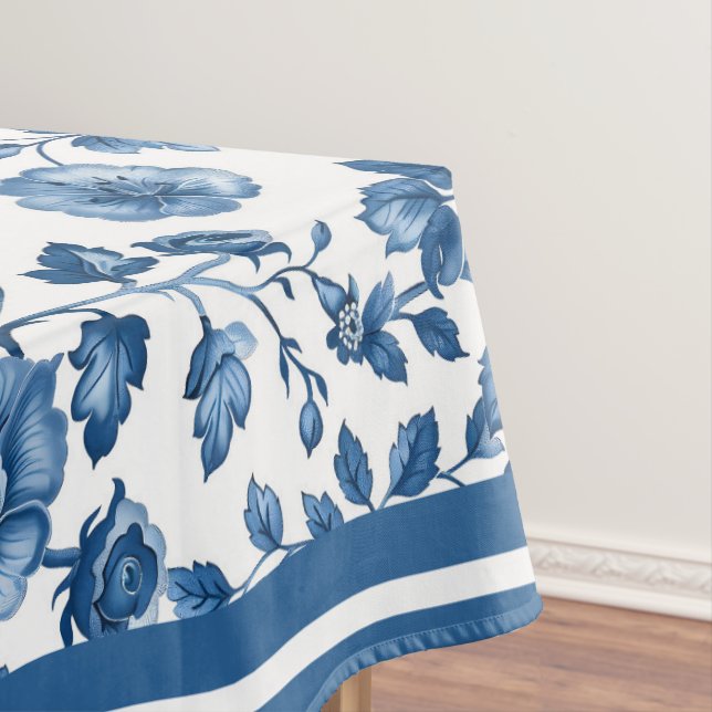 Vintage French Blue Floral Toile Tablecloth (In Situ)