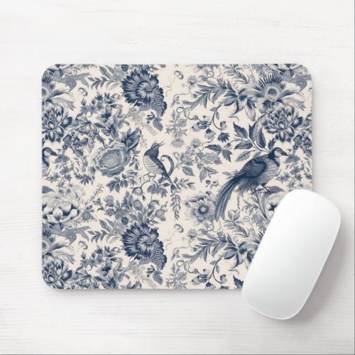 Vintage French Blue Toile Fleurie Mouse Pad