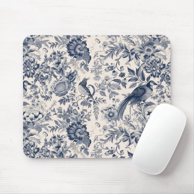 Vintage French Blue Toile Fleurie Mouse Pad (With Mouse)