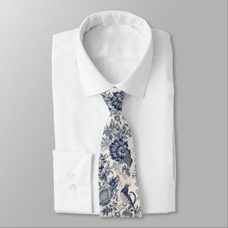 Vintage French Blue Toile Fleurie Neck Tie