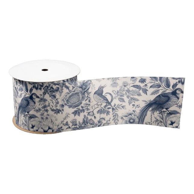 Vintage French Blue Toile Fleurie Satin Ribbon (Spool)