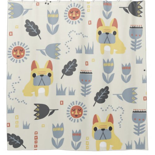 vintage French bulldog and Scandinavian flower ill Shower Curtain