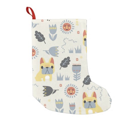 vintage French bulldog and Scandinavian flower ill Small Christmas Stocking