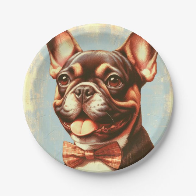 Vintage French Bulldog Painting Portrait Paper Plates (Front)
