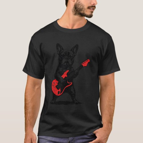Vintage French Bulldog Rock Funny Dog Playing Guit T-Shirt