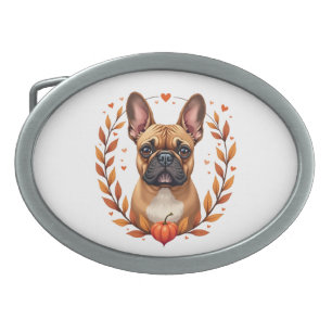 Vintage French Bulldog with Autumn Leaf Wreath and Belt Buckle