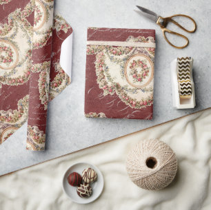 Vintage French Burgundy Floral Garland Decoupage Wrapping Paper