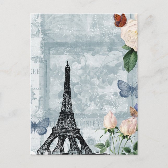 Vintage French Butterflies and Roses Postcard (Front)