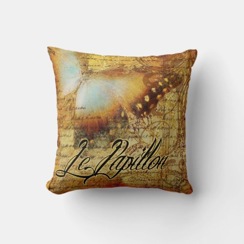 Vintage French Butterfly Le Papillon  amber Throw Pillow