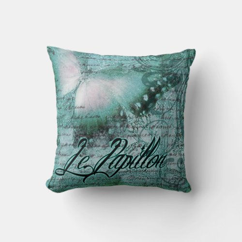 Vintage French Butterfly Le Papillon  teal Throw Pillow