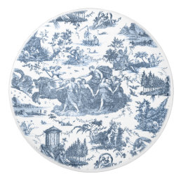 Vintage French Chariot of Dawn Toile de Jouy-Blue Ceramic Knob