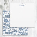 Vintage French Chariot of Dawn Toile de Jouy-Blue Note Card<br><div class="desc">Beautifully reconstructed seamless vintage French toile de jouy pattern inspired by Guido Reni's sculpture Le Char de L'Aurore ca 1790 copperplate engraving on textile. This intricate pattern features scenes of Greek gods and goddesses, temples, exotic animals, mythical sea creatures and fantasy landscapes. Includes editable text field and optional floral graphic....</div>