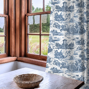 Vintage French Chariot of Dawn Toile de Jouy-Blue Sheer Curtains